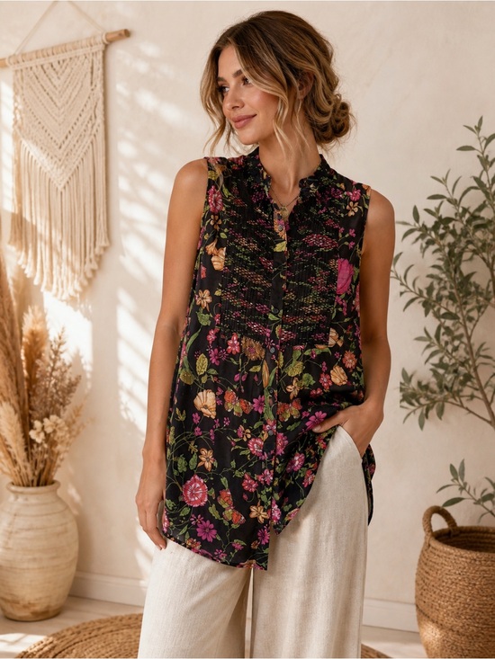 Anthropologie Tops - Anthropologie Bohemian Black Floral Sleeveless Button-Up Blouse